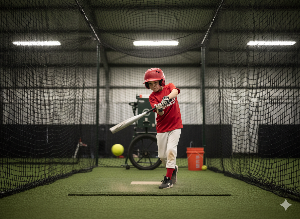 Multiple hitting stations set up at youth baseball practice
